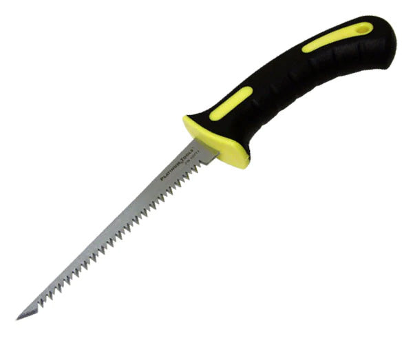 6 1/4 inch drywall saw with black and yellow handle.