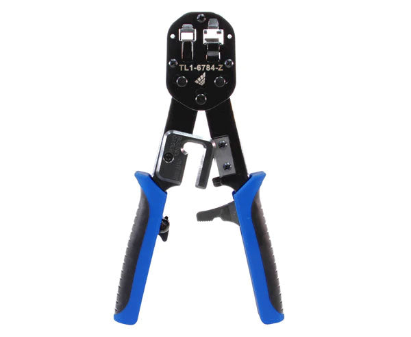 Hand held crimp tool for cat5e, cat6, and cat6a network cables with blue handles.