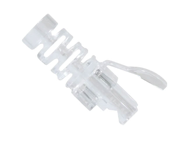 A clear plastic boot for making Ethernet patch cables.