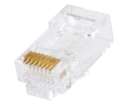 A cat 6 RJ45 plug with gold plated connectors.