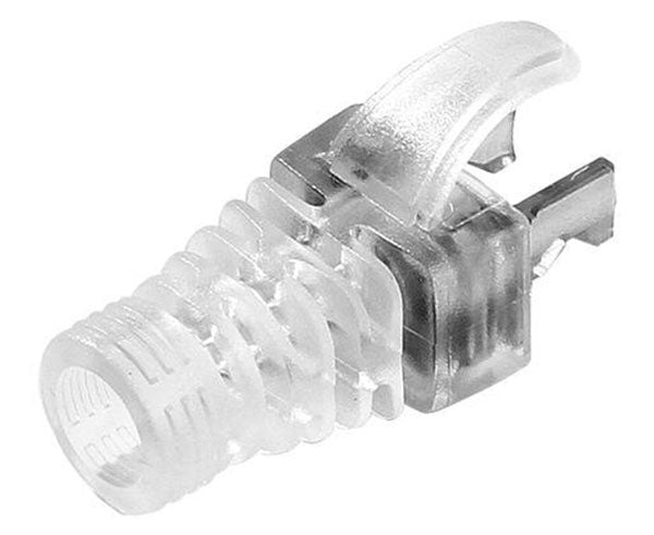 A clear plastic boot for making Ethernet patch cables.