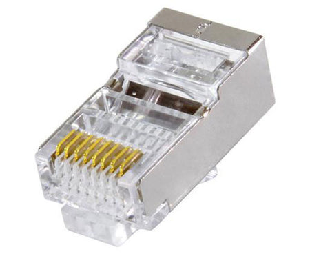 A cat 5e shielded RJ45 plug with gold plated connectors.
