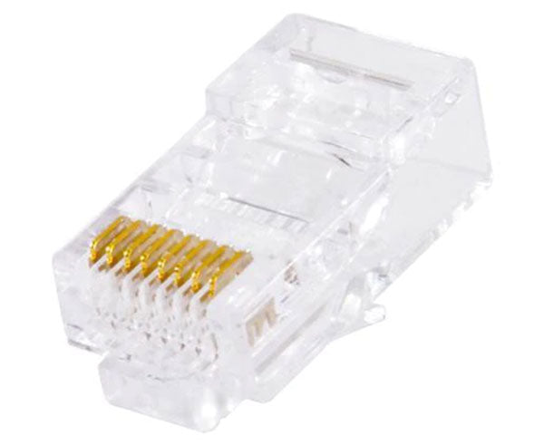 A cat 5e RJ45 plug with gold plated pins.