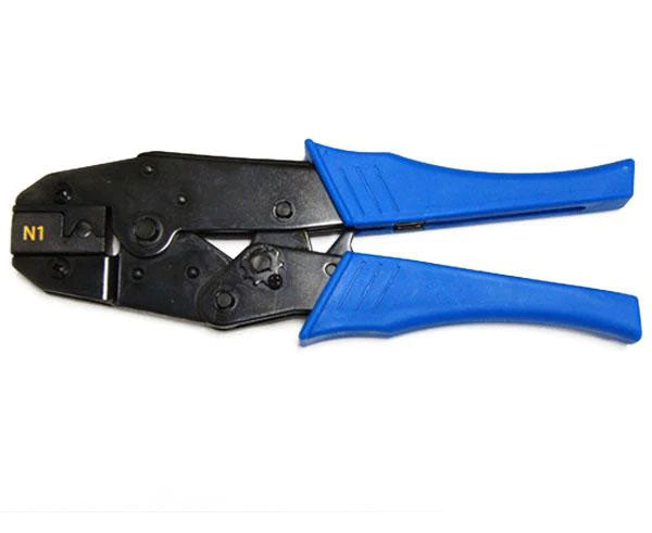 Hand held crimp tool for cat5e, cat6, cat6a, and cat8 network cables with blue handles.