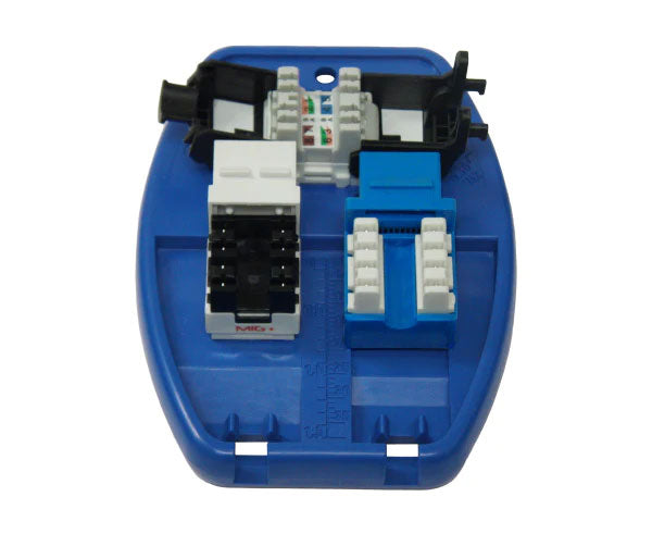 Palm puck punch down tool for cat5e & cat6 keystone jacks with blue body and keystone jacks.