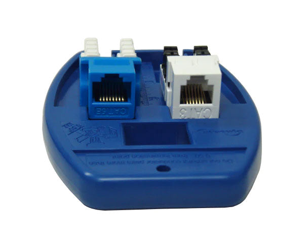 Palm puck punch down tool for cat5e & cat6 keystone jacks with blue body and two keystone jacks.