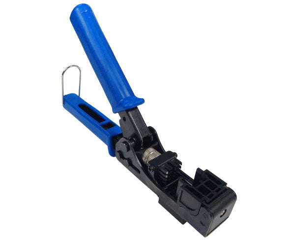 Handheld punch down tool for high-density keystone jacks with open blue handles.