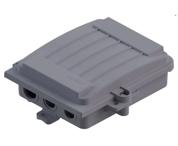 Outdoor wall mount fiber slack/demarcation enclosure with locked lid and cable entry.