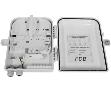 16 splice IP-65 rated outdoor wall mount fiber termination box with open lid.