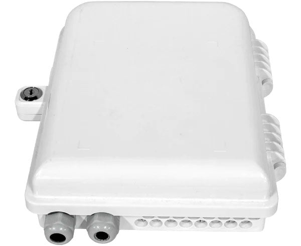 16 splice IP-65 rated outdoor wall mount fiber termination box with locked lid.