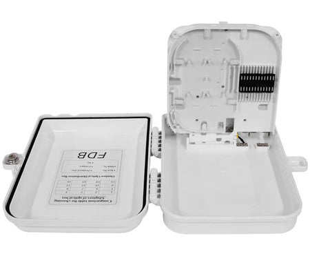 16 splice IP-65 rated outdoor wall mount fiber termination box with open lid and splice tray.