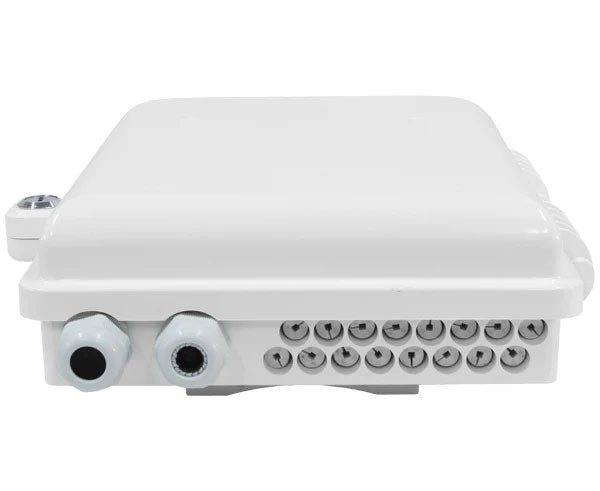 16 splice IP-65 rated outdoor wall mount fiber termination box with cable entry.