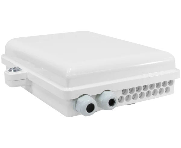 16 splice IP-65 rated outdoor wall mount fiber termination box with cable entry and locked lid.