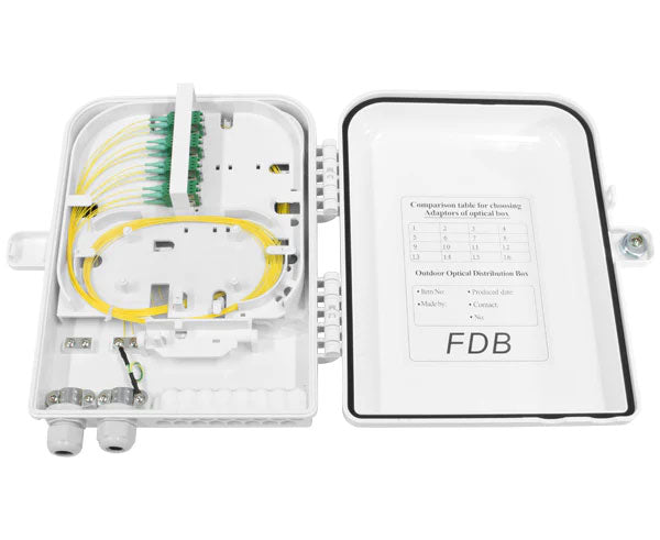 16 splice IP-65 rated outdoor wall mount fiber termination box with open lid showing fiber placement.