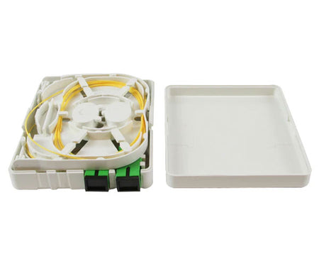 IP-45 rated indoor wall mount fiber termination box with open lid.