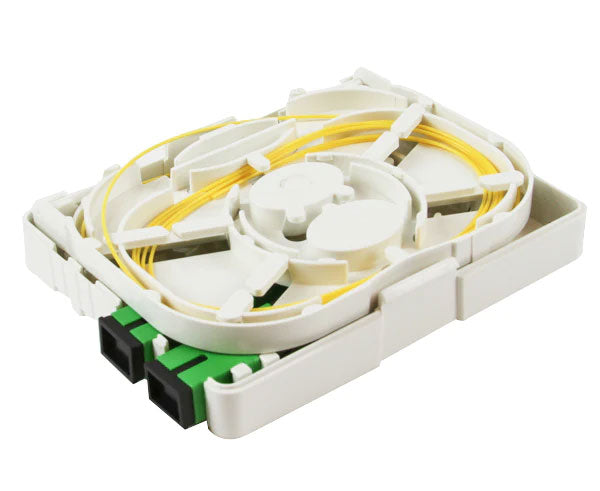 IP-45 Rated Indoor Wall Mount Fiber Termination Box showing fiber placement and adapters.