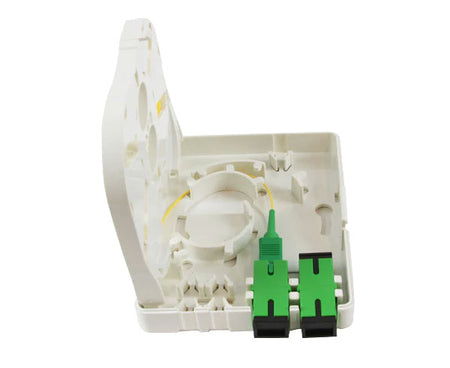 IP-45 rated indoor wall mount fiber termination box with open splice tray.