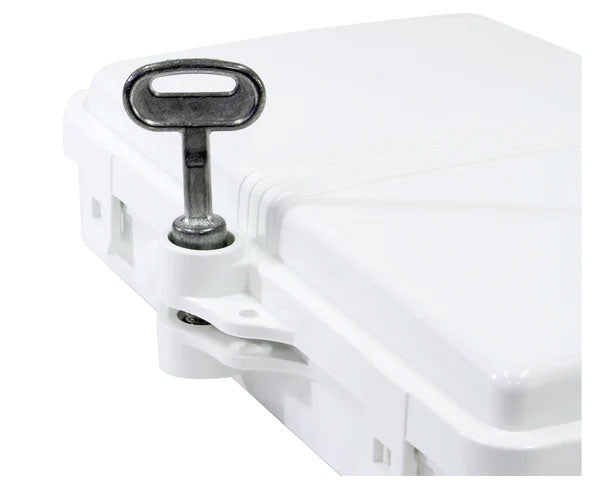 4 splice IP-66 rated outdoor wall mount fiber termination box with locked lid showing key in lock.