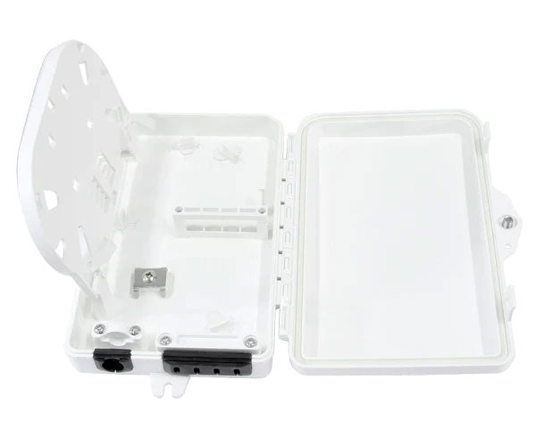 4 splice IP-66 rated outdoor wall mount fiber termination box with open lid and splice tray.