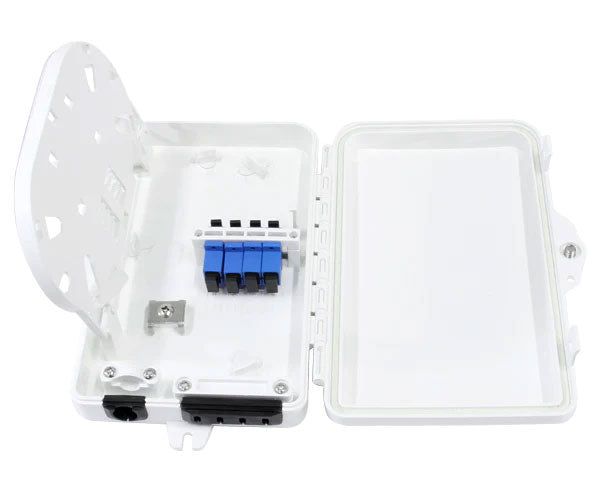 4 splice IP-66 rated outdoor wall mount fiber termination box with open lid and splice tray showing adapter placement.