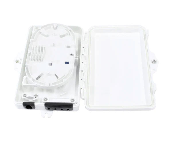 4 splice IP-66 rated outdoor wall mount fiber termination box with open lid.