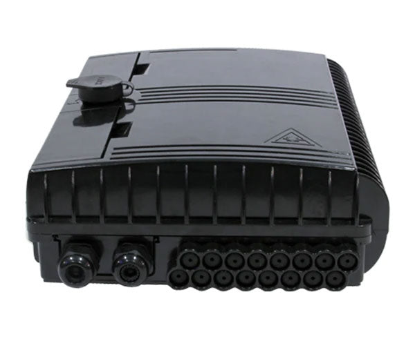 16 splice IP-66 rated outdoor wall mount fiber termination box with closed lid and fiber entry.