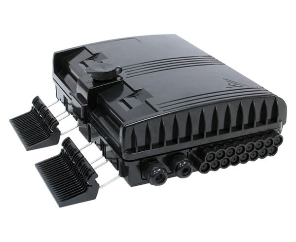 16 splice IP-66 rated outdoor wall mount fiber termination box with closed lid and open latches.