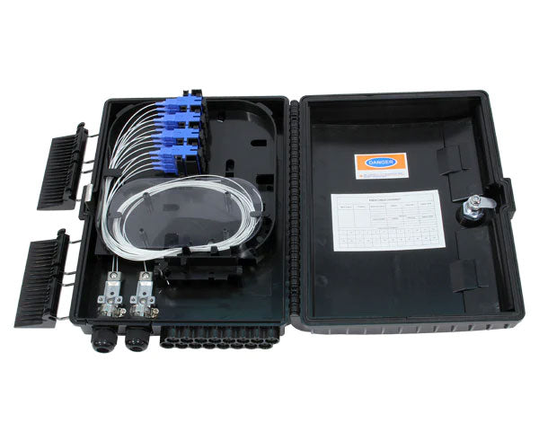 16 splice IP-66 rated outdoor wall mount fiber termination box with open lid showing fiber layout.
