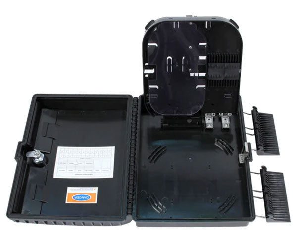 16 splice IP-66 rated outdoor wall mount fiber termination box with open lid and splice tray.