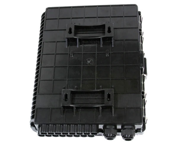 16 splice IP-66 rated outdoor wall mount fiber termination box rear mounting layout.