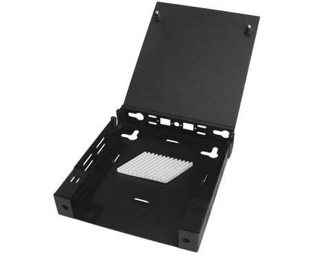 12 splice indoor blank wall mount fiber patch panel with open lid and splice holders.