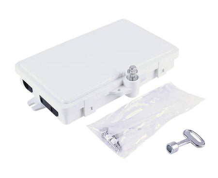Wall mount fiber distribution unit, 2 splice capacity with splice tray, accessory pack and key.