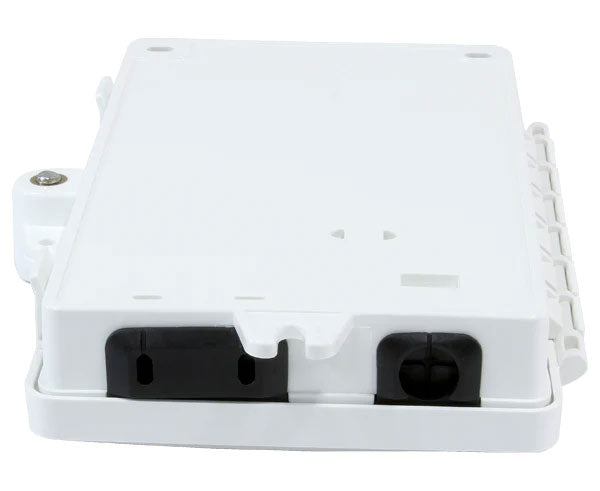 Wall mount fiber distribution unit with 2 splice capacity rear mounting layout.