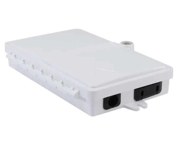Wall mount fiber distribution unit, 2 splice capacity with locked lid.