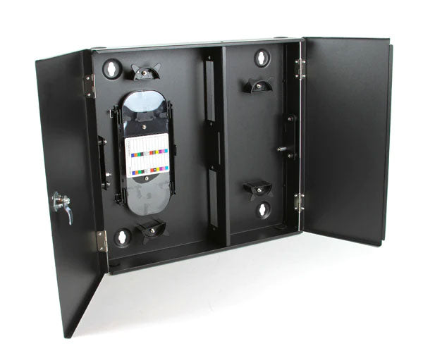 Double door wall mount fiber patch panel with two adapter plate capacity.