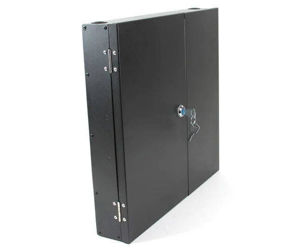 Double door wall mount fiber patch panel with closed locking doors.