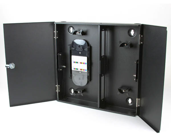 Double door wall mount fiber patch panel with two adapter plate capacity with both doors open.
