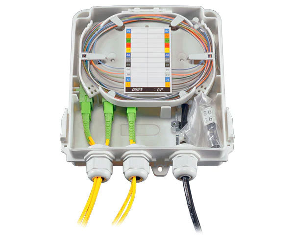 8 Port FTTH wall mount plastic fiber distribution unit with lid removed.