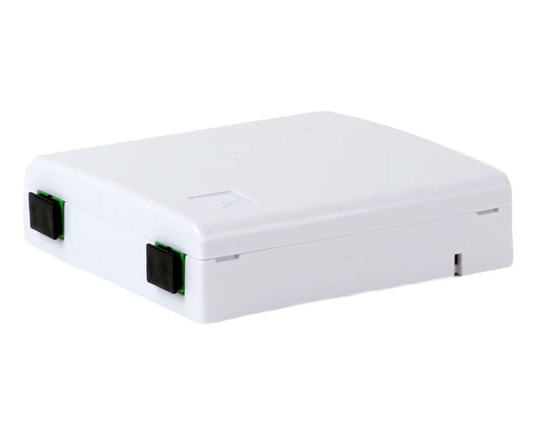 White plastic indoor wall mount fiber surface mount box with 2 SC APC adapters.