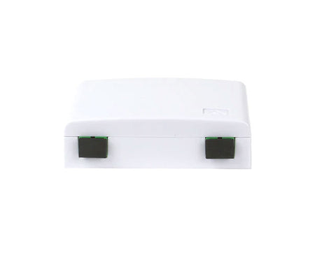 White plastic indoor wall mount fiber surface mount box with closed lid.