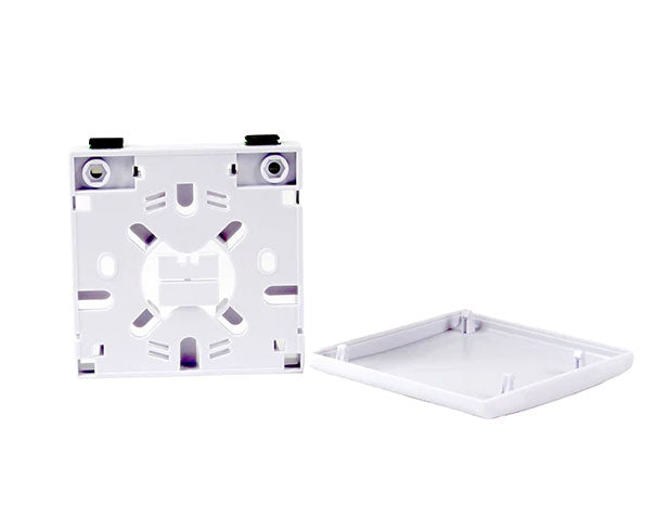 White plastic indoor wall mount fiber surface mount box rear mounting holes.