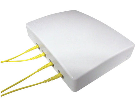 Four adapter indoor wall mount fiber surface mount box with installed fibers.