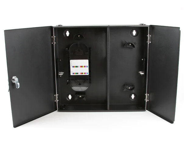 Double door wall mount fiber patch panel with 4 adapter plate capacity showing splice tray mounting.