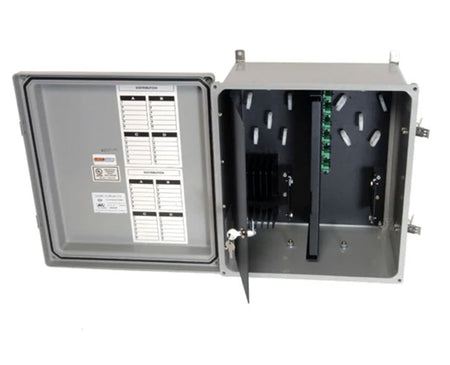 NEMA 1, 2, 3, 4, 4X, 12, and 13 rated wall mount fiber patch panel with open door.