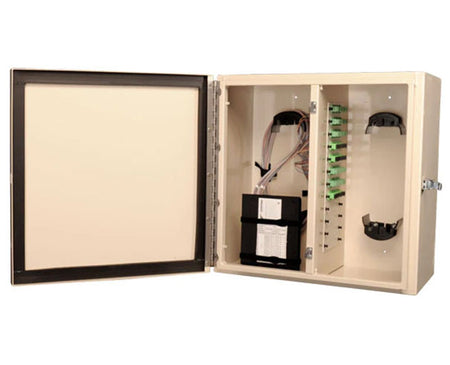 144 Port NEMA 1 and 4 Rated Wall Mount Fiber Patch Panel with both doors open.