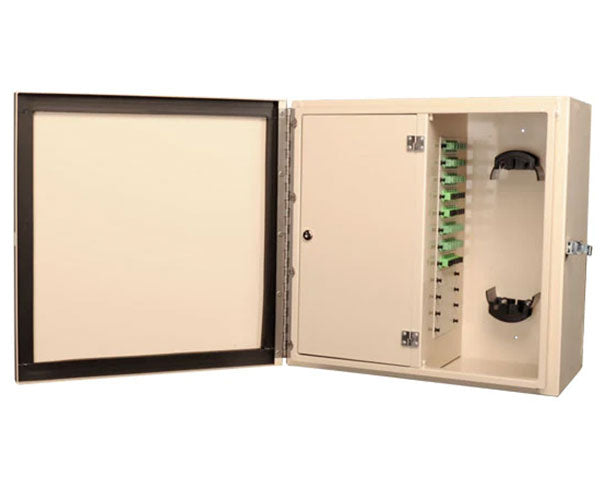 144 Port NEMA 1 and 4 Rated Wall Mount Fiber Patch Panel with inner door closed.