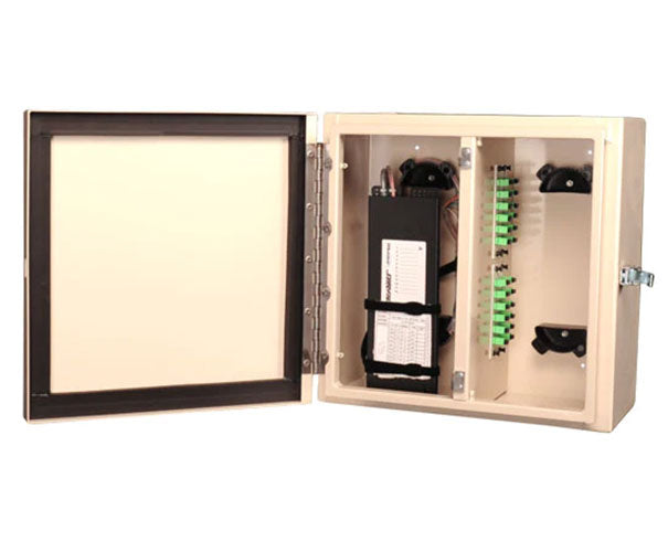 96 Port NEMA 1 and 4 Rated Wall Mount Fiber Patch Panel with both doors open.