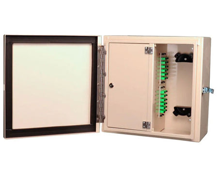 96 Port NEMA 1 and 4 Rated Wall Mount Fiber Patch Panel with inner door closed.