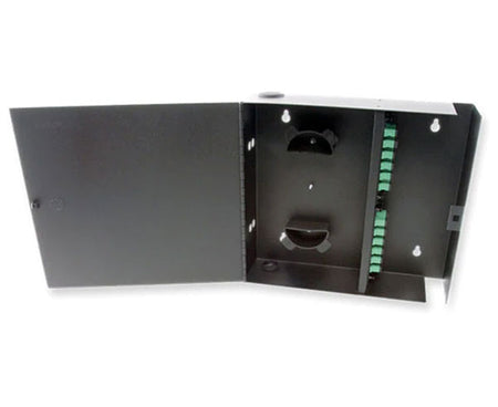 Single outer door wall mount fiber patch panel with open door and adapter plates.