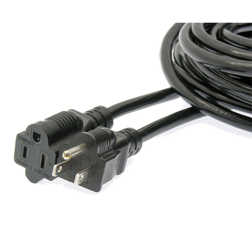 A black 5-15P to 5-15R extension cord, 16/3 rated.